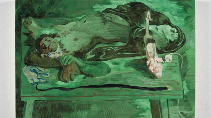 A green painting of a a bodie or multiple bodies on a table; body parts are melted into a dreamy haze. On the table sit a show, candle, and ophone charger.