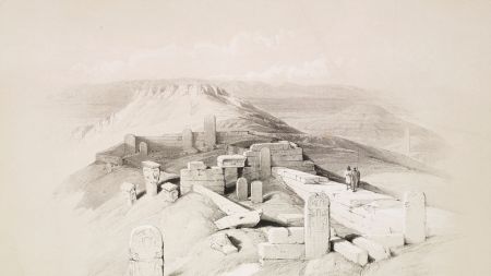 Ruins of the ancient Egyptian temple of Serabit el-Khadim, Gebel Garabe, Sinai, Egypt, engraving from The Holy Land, Syria, Idumea, Arabia, Egypt and Nubia, Volume III, lithographs by Louis Haghe from drawings by David Roberts, London, 1849. (Photo by Icas94 / De Agostini via Getty Images)