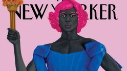 A New Yorker cover showing a painting of a Black woman posing as the Statue of Liberty. She holds a bouquet of flowers in one hand instead of a torch.