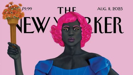 A New Yorker cover showing a painting of a Black woman posing as the Statue of Liberty. She holds a bouquet of flowers in one hand instead of a torch.